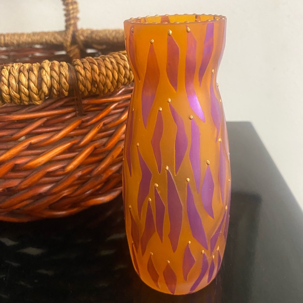 Antique Etched Art Nouveau Gold Accents Orange and Purple Decorative Glass Vase